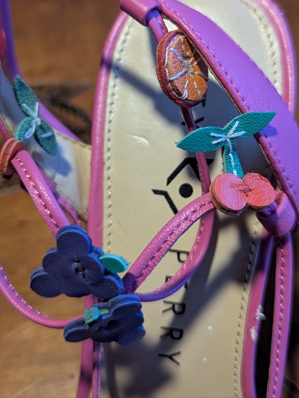 Bright Pink Lace-Up Women’s Heels With Fruit Accents - Picture 5 of 9